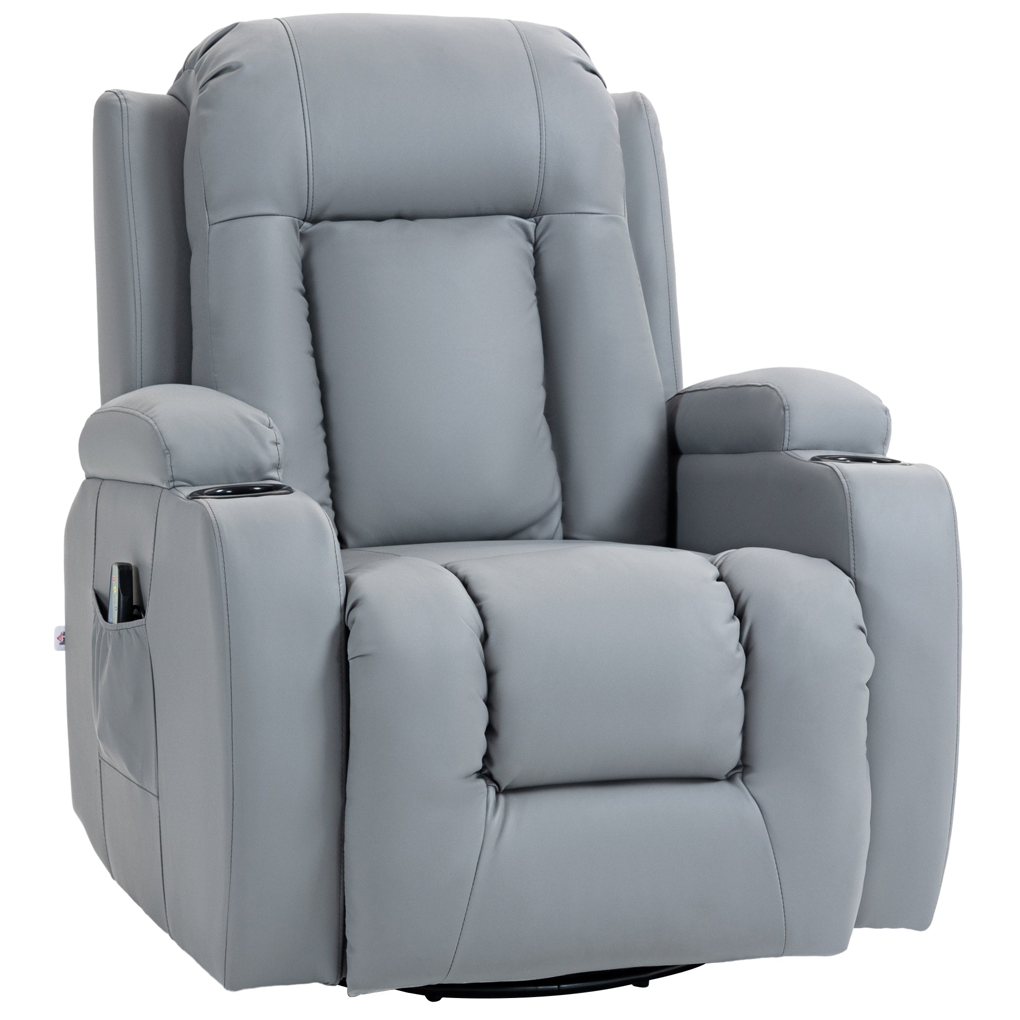 HOMCOM Massage Recliner Chair with 8 Vibration & Heat, PU Leather Recliner Armchair with Cup Holders and Side Pockets, Manual Reclining Chair with Remote, 360° Swivel, Rocking, Light Grey